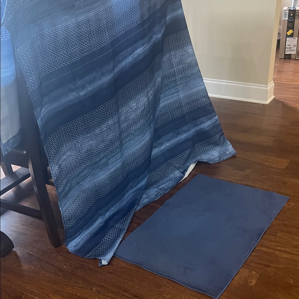 Allure Blue and white Striped shower curtain and blue rug